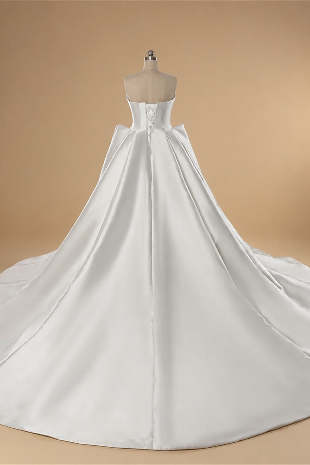 Luxury White Satin Strapless Beaded Ball Gown Train Wedding Dress ZP152