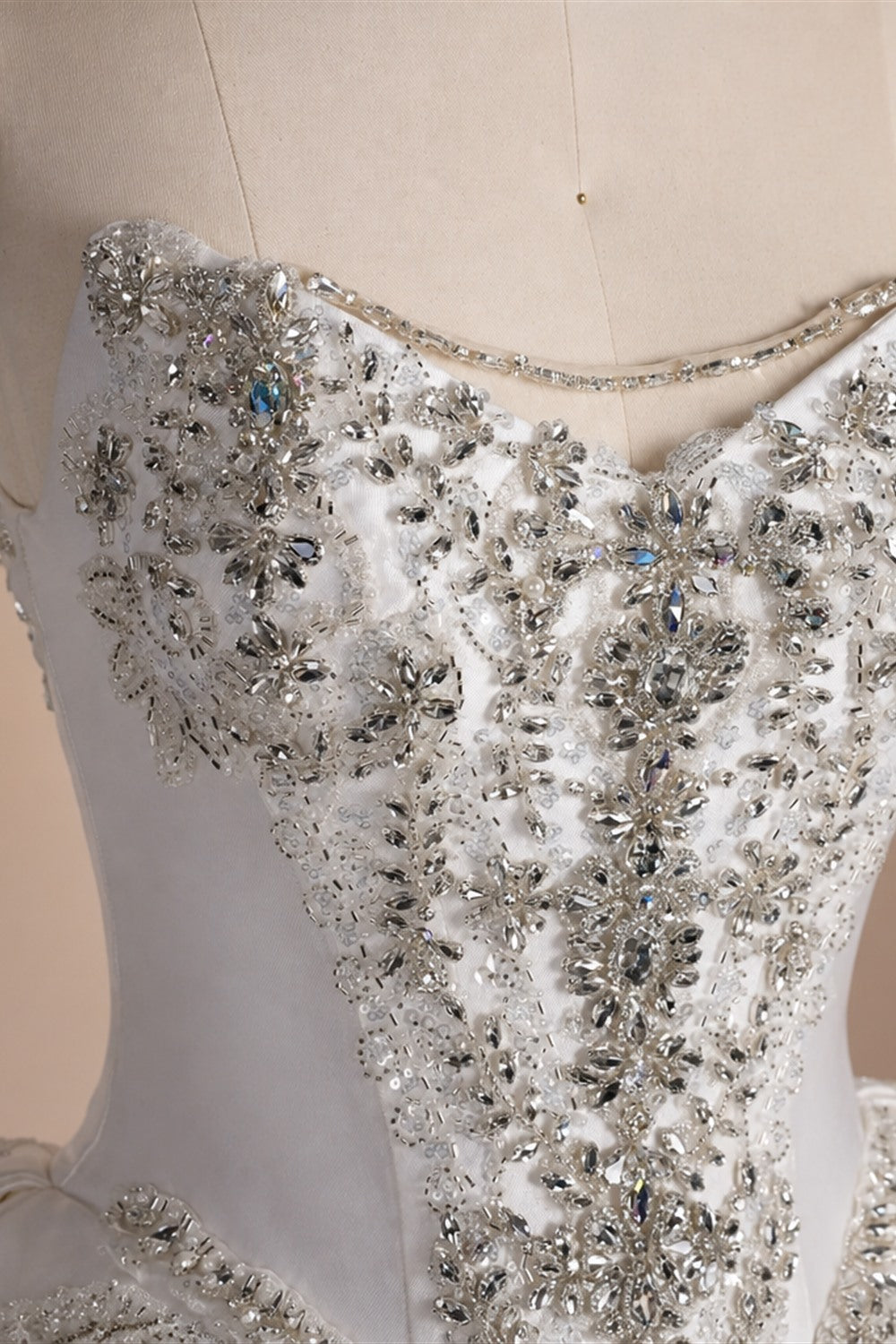 White Satin Strapless Ball Gown Wedding Dress with Luxurious Beaded Lace and Cathedral Train ZP016