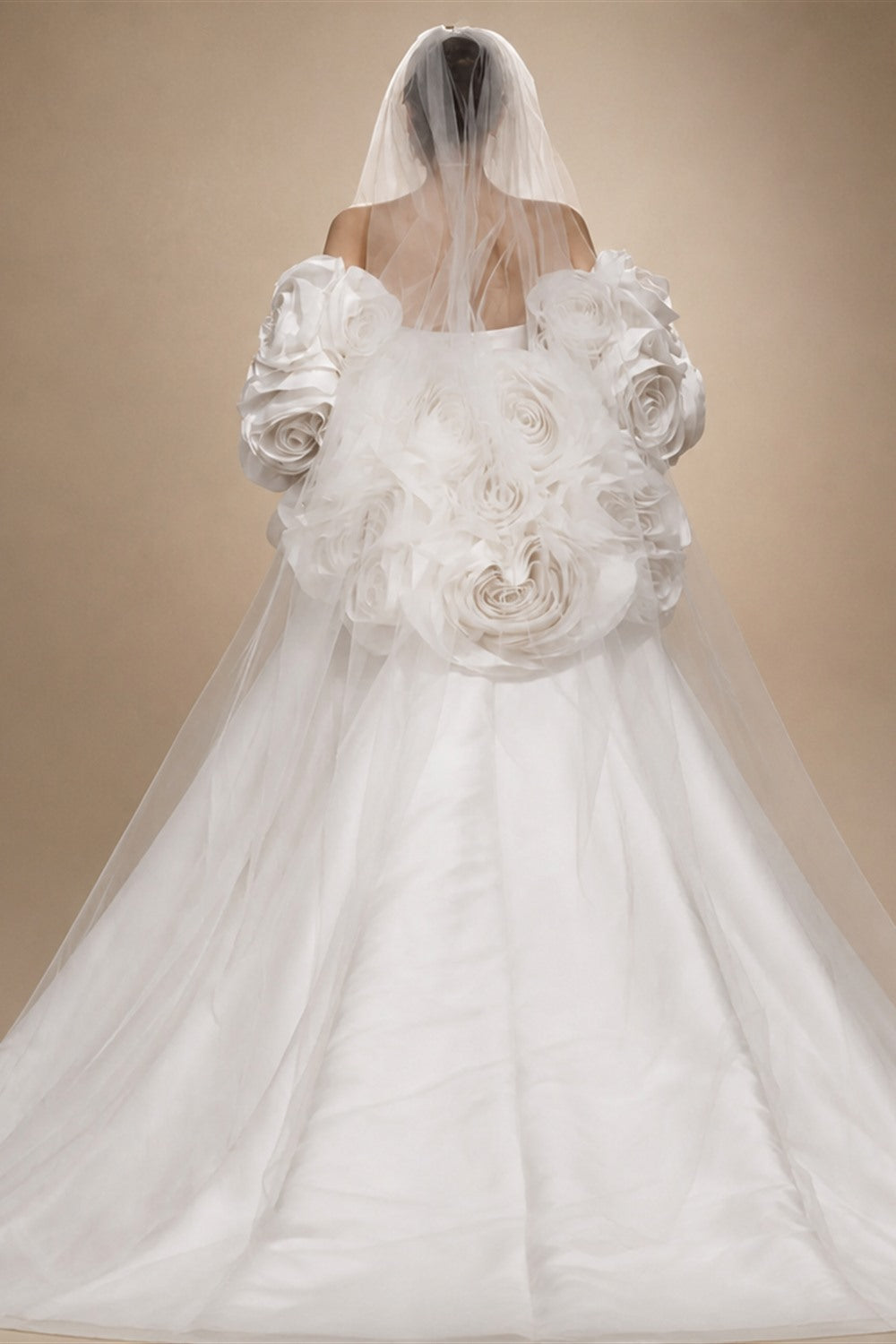 Ivory  Satin Mermaid Wedding Dress 3D Giant Rose Floral With Veil  ZP034