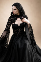 Black Luxury Gothic  Wedding Dress Sheer Lace Ball Gown  ZP029