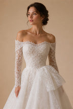 Luxury White A-Line Wedding Dress with Lace Embroidery and Overskirt ZP167