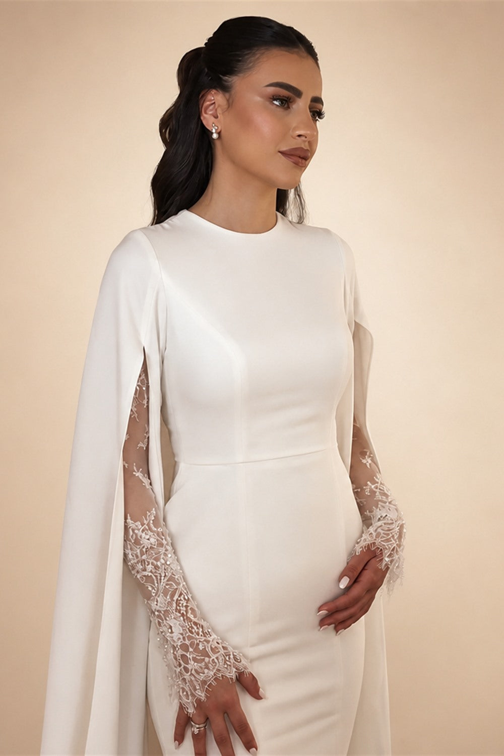 Ivory Minimalist Modest Mermaid Beaded Satin Wedding Dress  Sweep Train ZP031