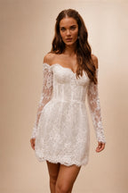 Luxury Ivory Off-the-Shoulder Long Sleeve Lace Mini Wedding Dress ZP134