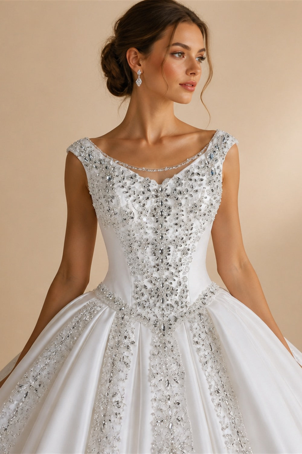 White Satin Strapless Ball Gown Wedding Dress with Luxurious Beaded Lace and Cathedral Train ZP016