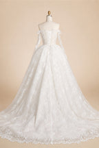 White Lace and Tulle Ball Gown Wedding Dress Off the Shoulder Beaded Bridal Dress ZP013