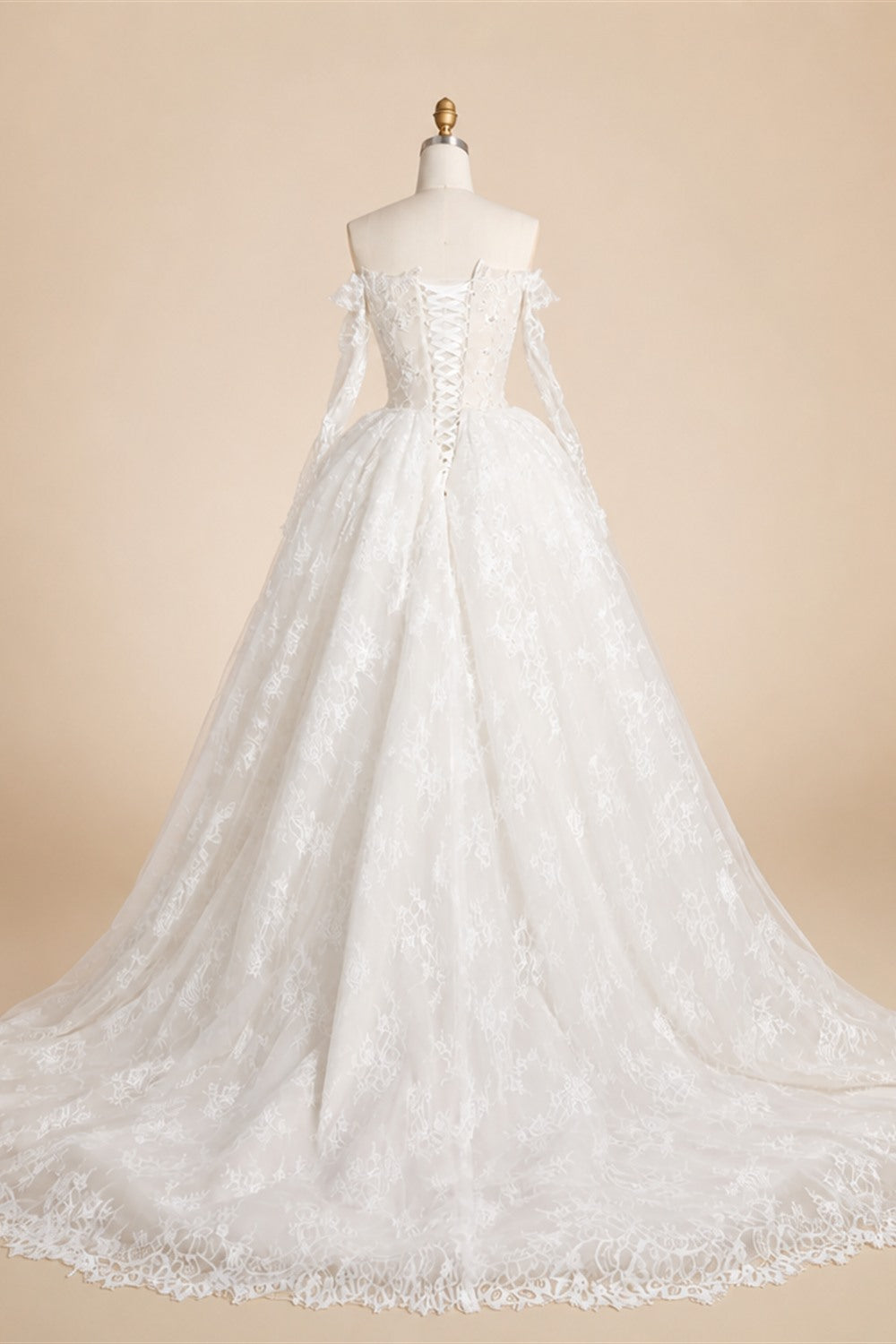 White Lace and Tulle Ball Gown Wedding Dress Off the Shoulder Beaded Bridal Dress ZP013