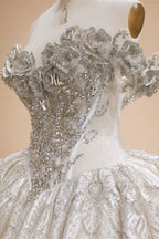 Ivory Luxury Satin Ball Gown with Silver Embroidery Wedding Dress ZP166