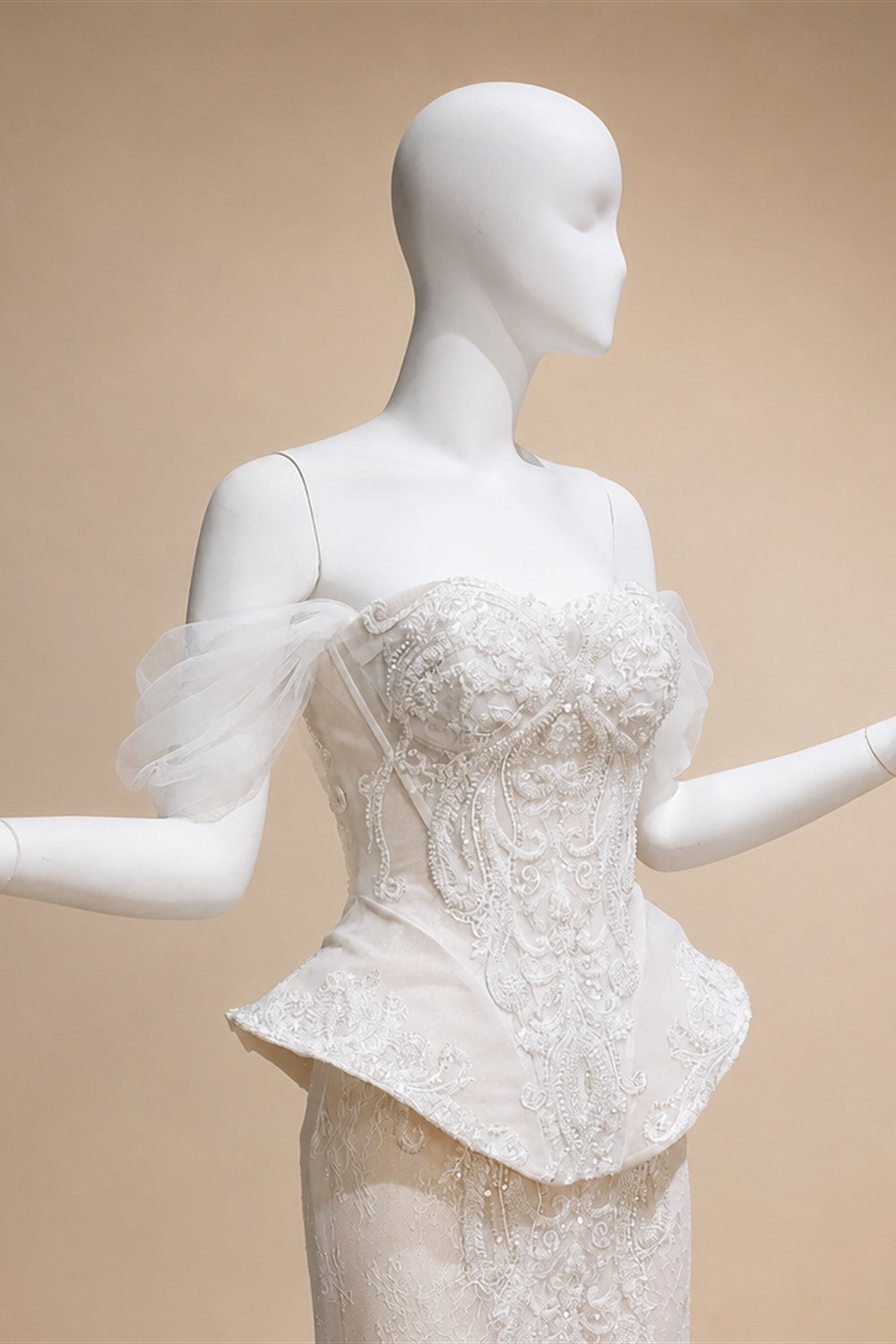 Luxury Ivory Off-the-Shoulder Lace Corset Tulle Train Wedding Dress ZP135