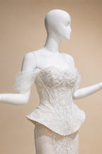 Luxury Ivory Off-the-Shoulder Lace Corset Tulle Train Wedding Dress ZP135