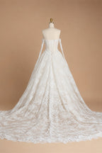 White Floral Lace Ball Gown Wedding Dress with Sweetheart Neckline and Detachable Long Sleeves ZP015