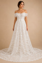 Off White Elegant Lace Pearl Embroidery Ball Gown Wedding Dress ZP168
