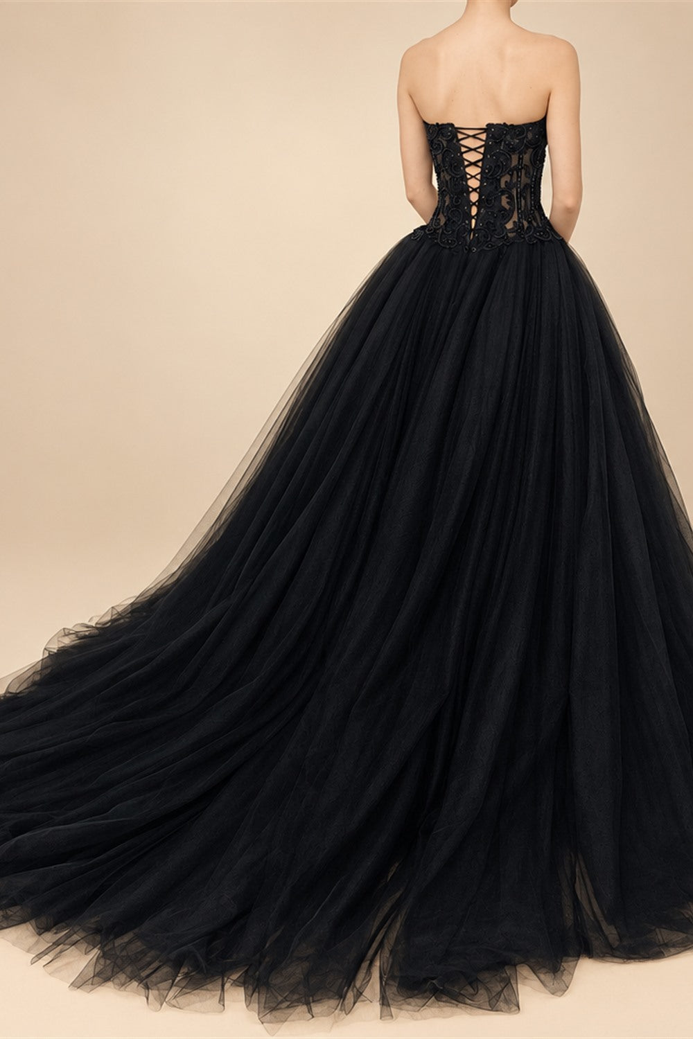 Black Lace Heavy Gothic Beading Wedding Dress Ballgown Corset Closure  ZP202
