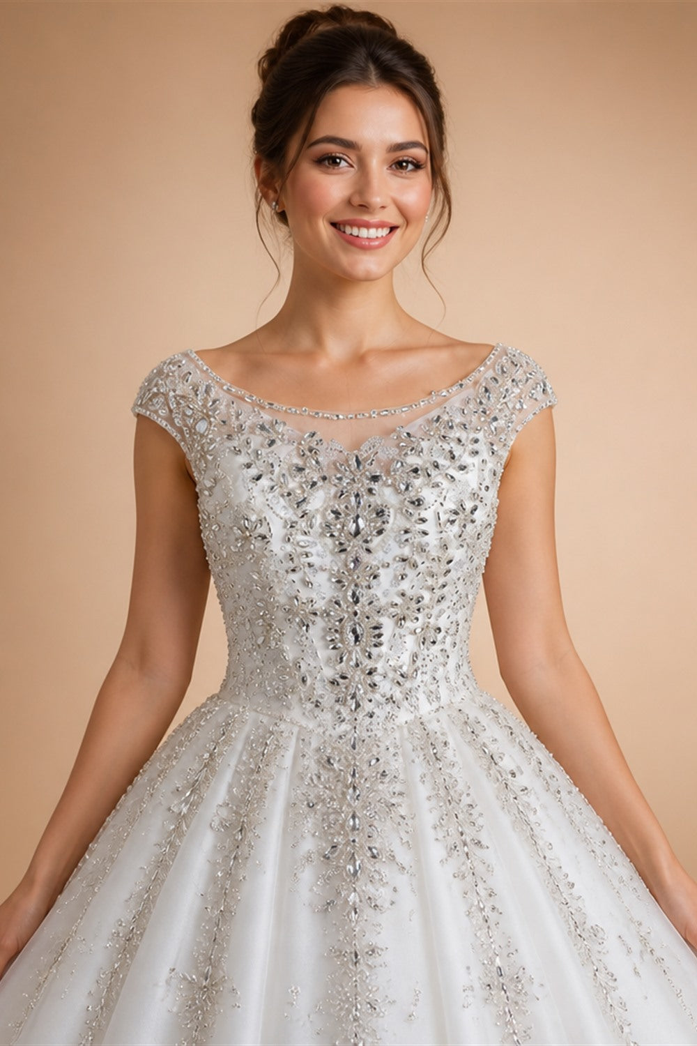 White Satin Strapless Ball Gown Wedding Dress with Luxurious Beaded Lace and Cathedral Train ZP016