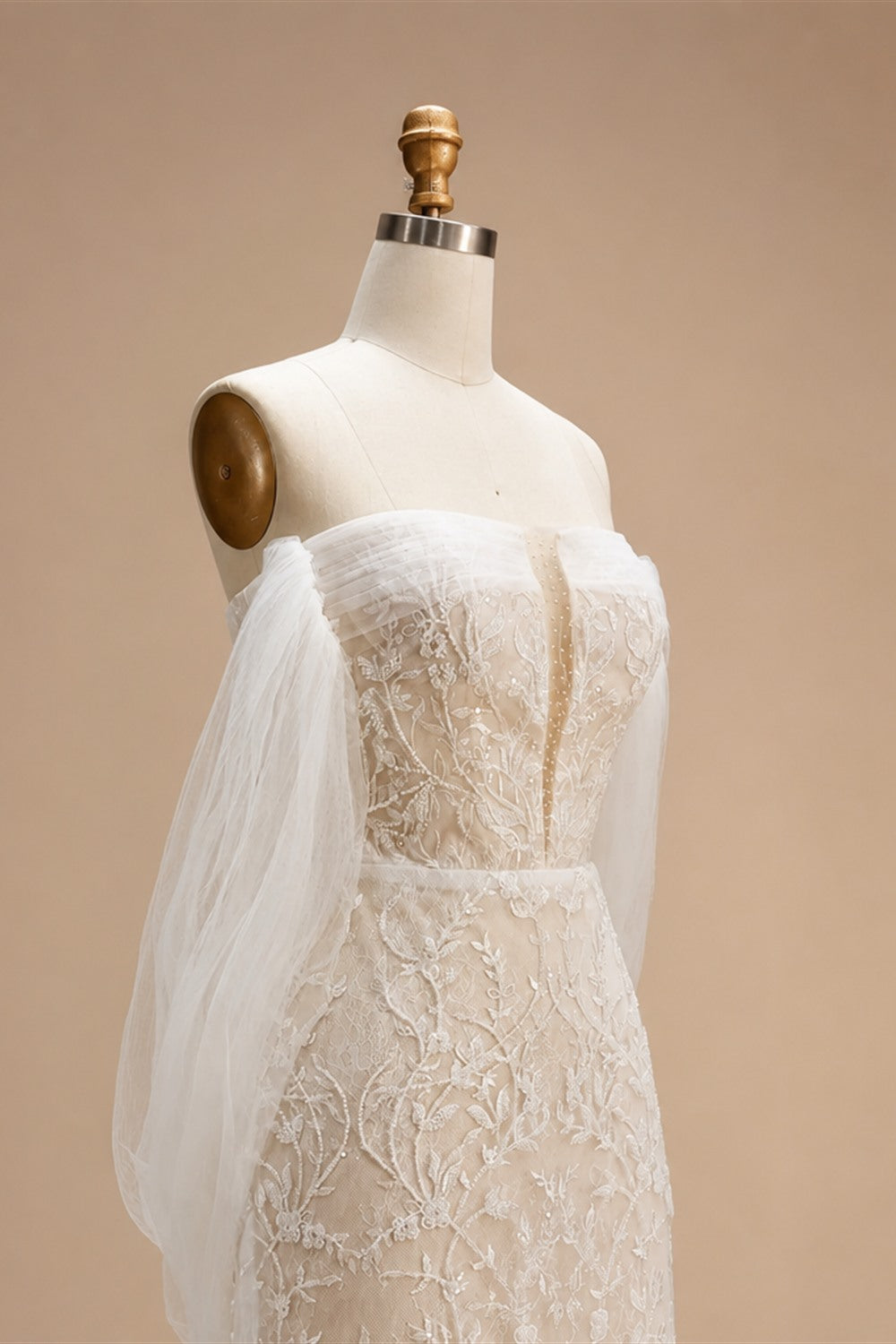 White Nude Lace Mermaid Wedding Dress Luxury Beaded Sequins   Tulle Gloves ZP032