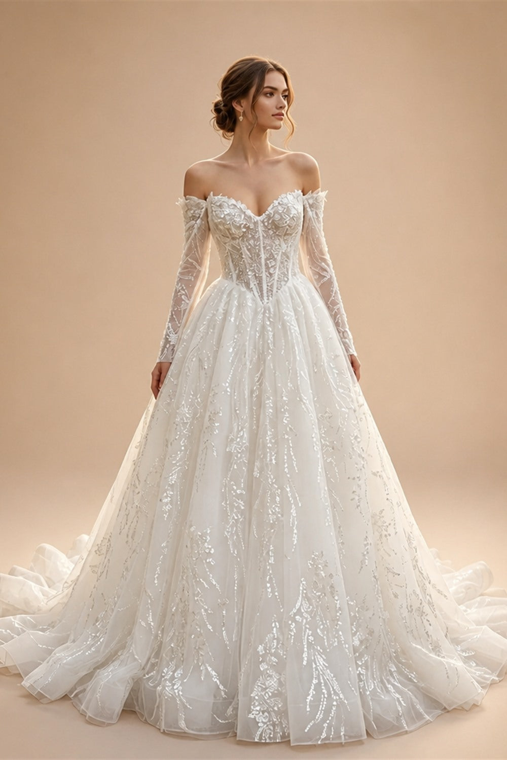 Luxury White Off-the-Shoulder Long Sleeve Lace Tulle Ball Gown Wedding Dress ZP068