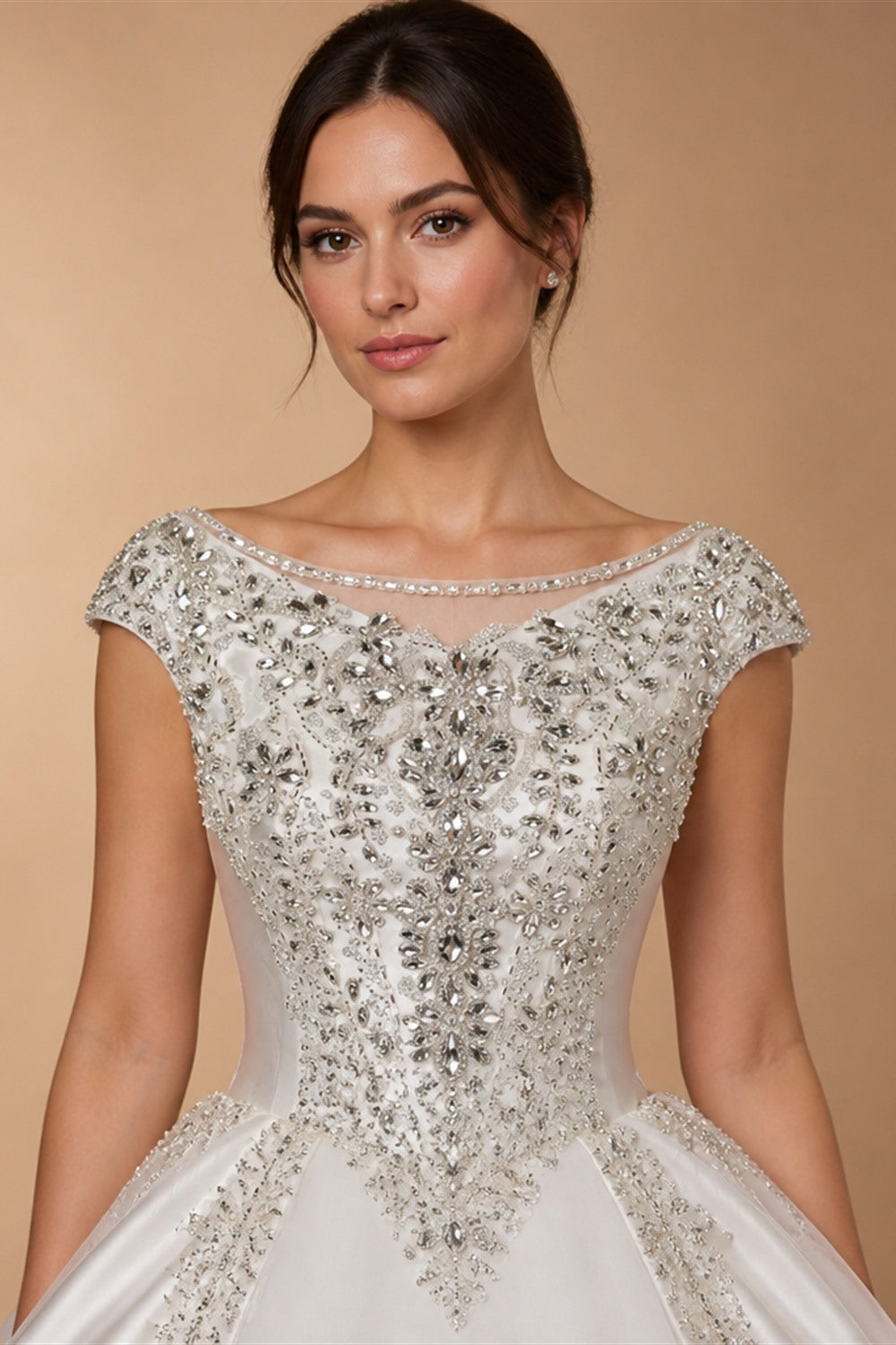 White Satin Strapless Ball Gown Wedding Dress with Luxurious Beaded Lace and Cathedral Train ZP016