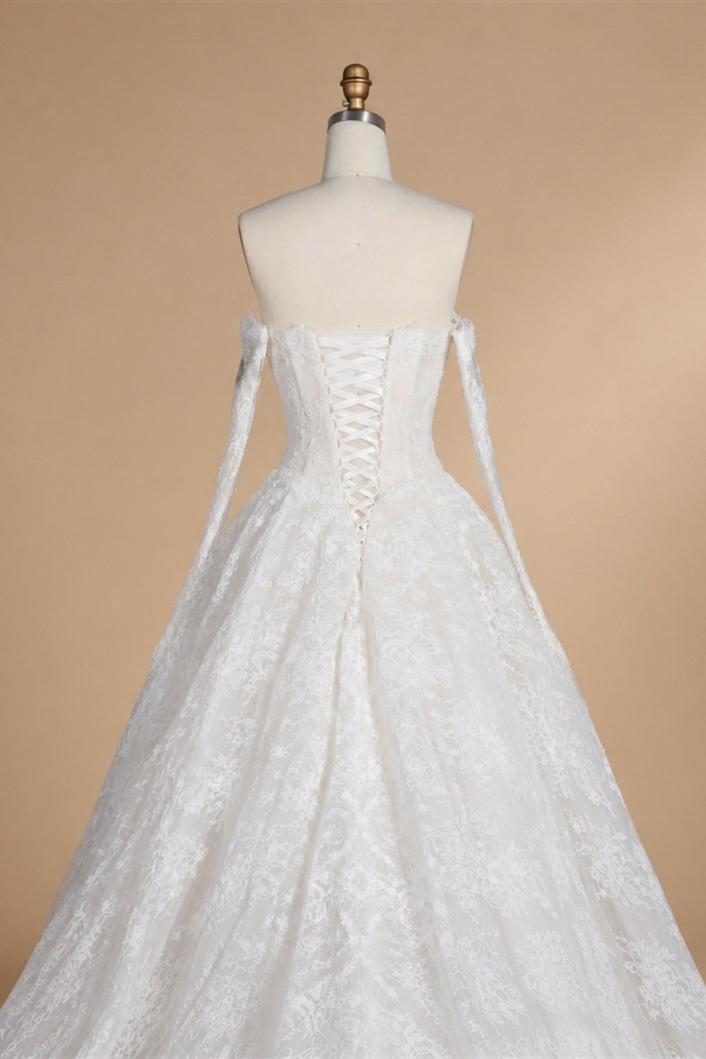 White Floral Lace Ball Gown Wedding Dress with Sweetheart Neckline and Detachable Long Sleeves ZP015