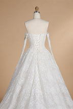 White Floral Lace Ball Gown Wedding Dress with Sweetheart Neckline and Detachable Long Sleeves ZP015