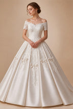 Off the Shoulder White Satin Ball Gown Flower Girl Dress with Long Cathedral Train ZP017