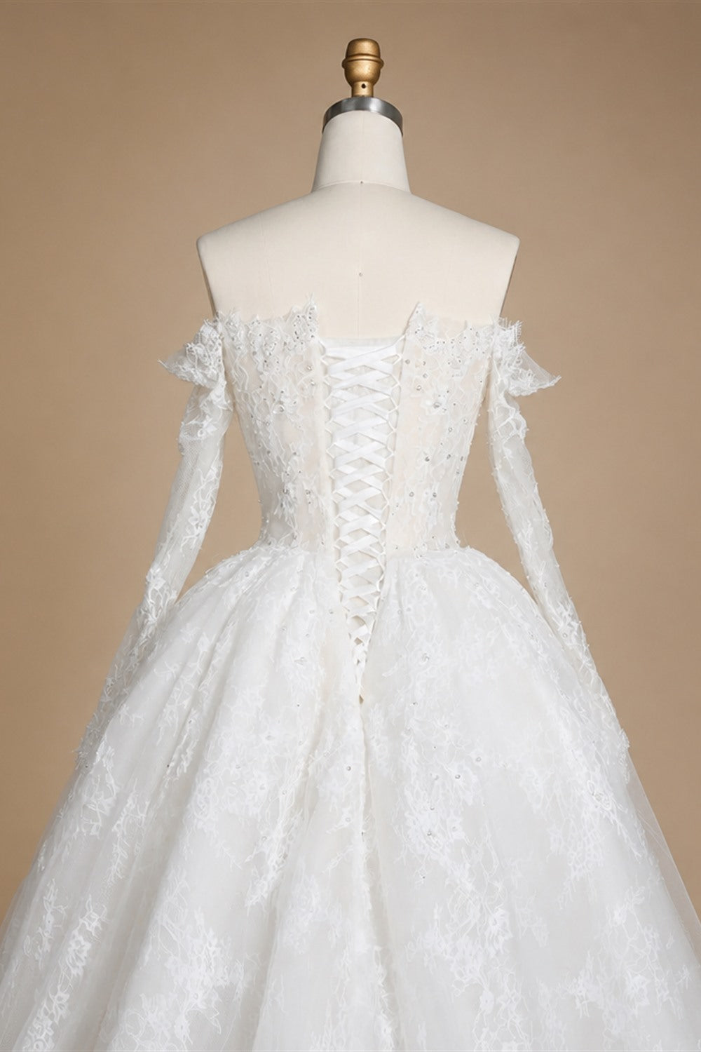 White Lace and Tulle Ball Gown Wedding Dress Off the Shoulder Beaded Bridal Dress ZP013