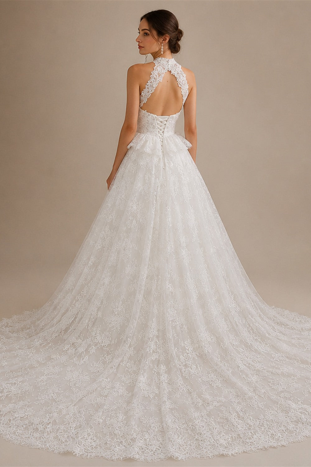 Luxury White A-Line Wedding Dress with Lace Embroidery and Overskirt ZP167