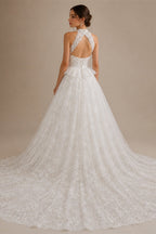 Luxury White A-Line Wedding Dress with Lace Embroidery and Overskirt ZP167