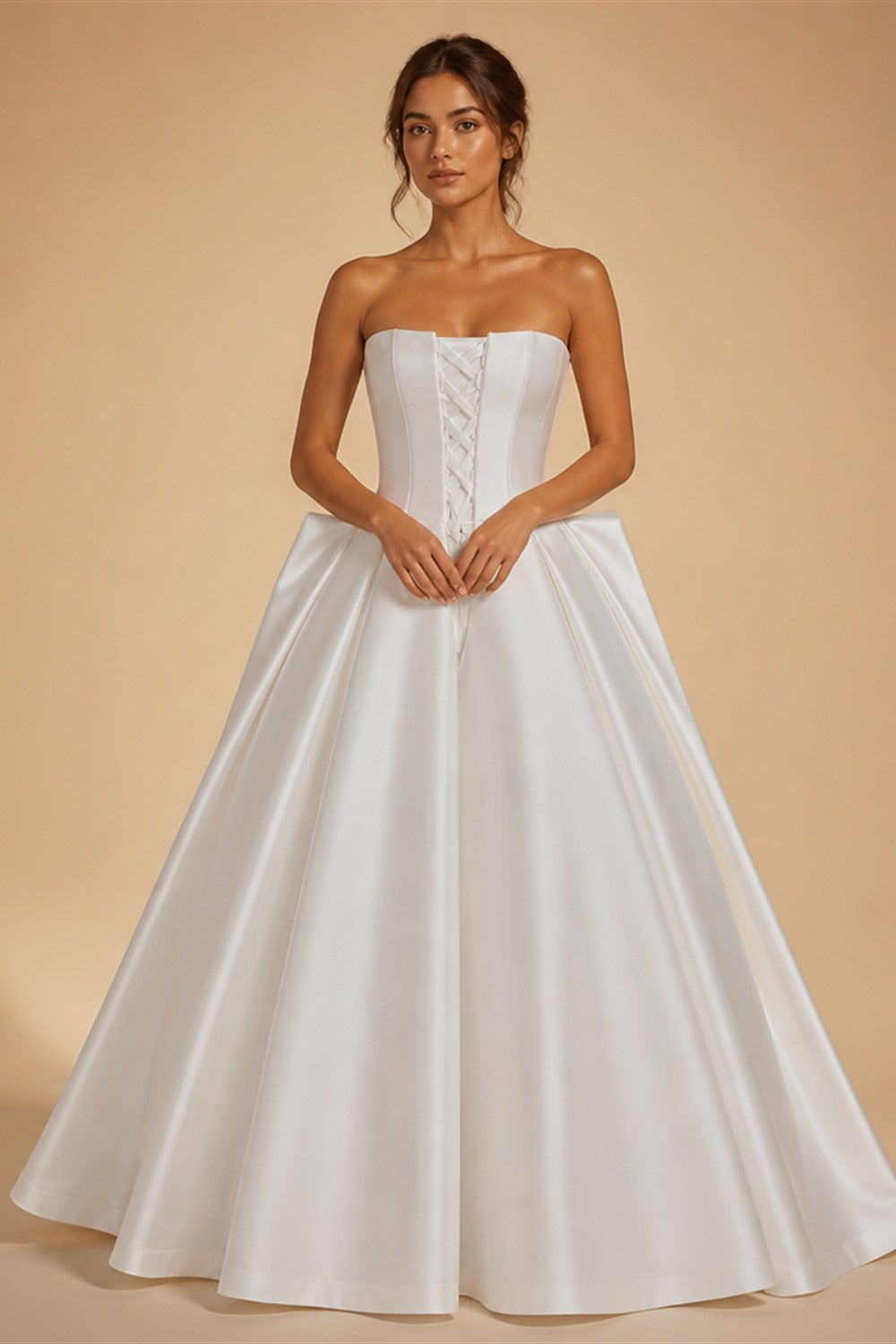 Luxury White Satin Strapless Beaded Ball Gown Train Wedding Dress ZP152