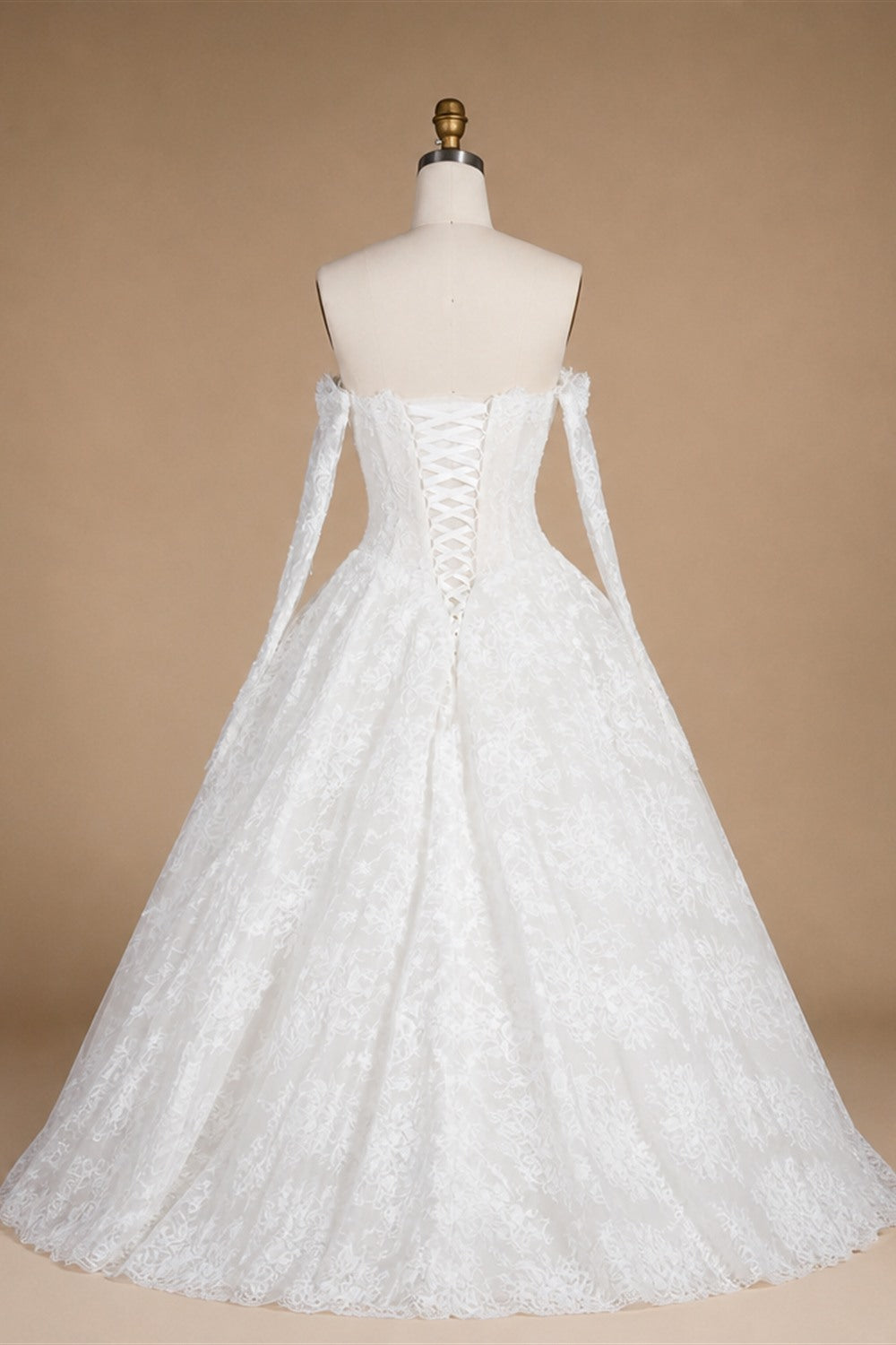 White Floral Lace Ball Gown Wedding Dress with Sweetheart Neckline and Detachable Long Sleeves ZP015
