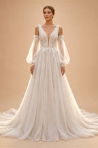 Elegant Ivory V-Neck Detachable Puff Sleeve Lace Tulle Wedding Dress with Train ZP062