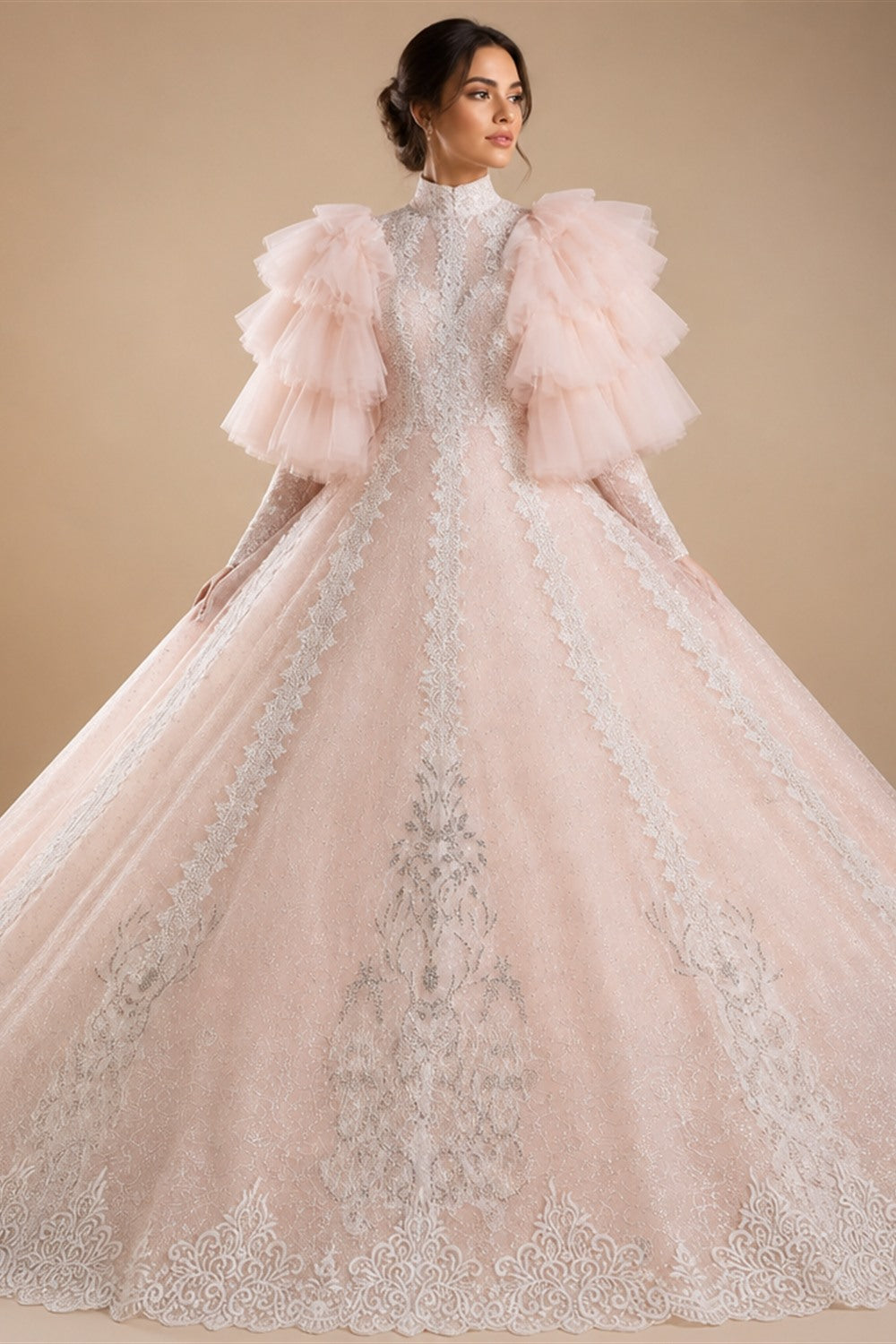 Luxury Embroidery Puff Sleeve Ball Gown Wedding Dress ZP156