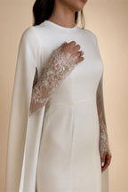Ivory Minimalist Modest Mermaid Beaded Satin Wedding Dress  Sweep Train ZP031
