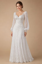 White  Off‑The‑Shoulder Puff Sleeve 3D Floral Mermaid Wedding Dress ZP005