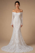 Off White  Lace Stunning Feminine Mermaid Wedding Dress Train  ZP036