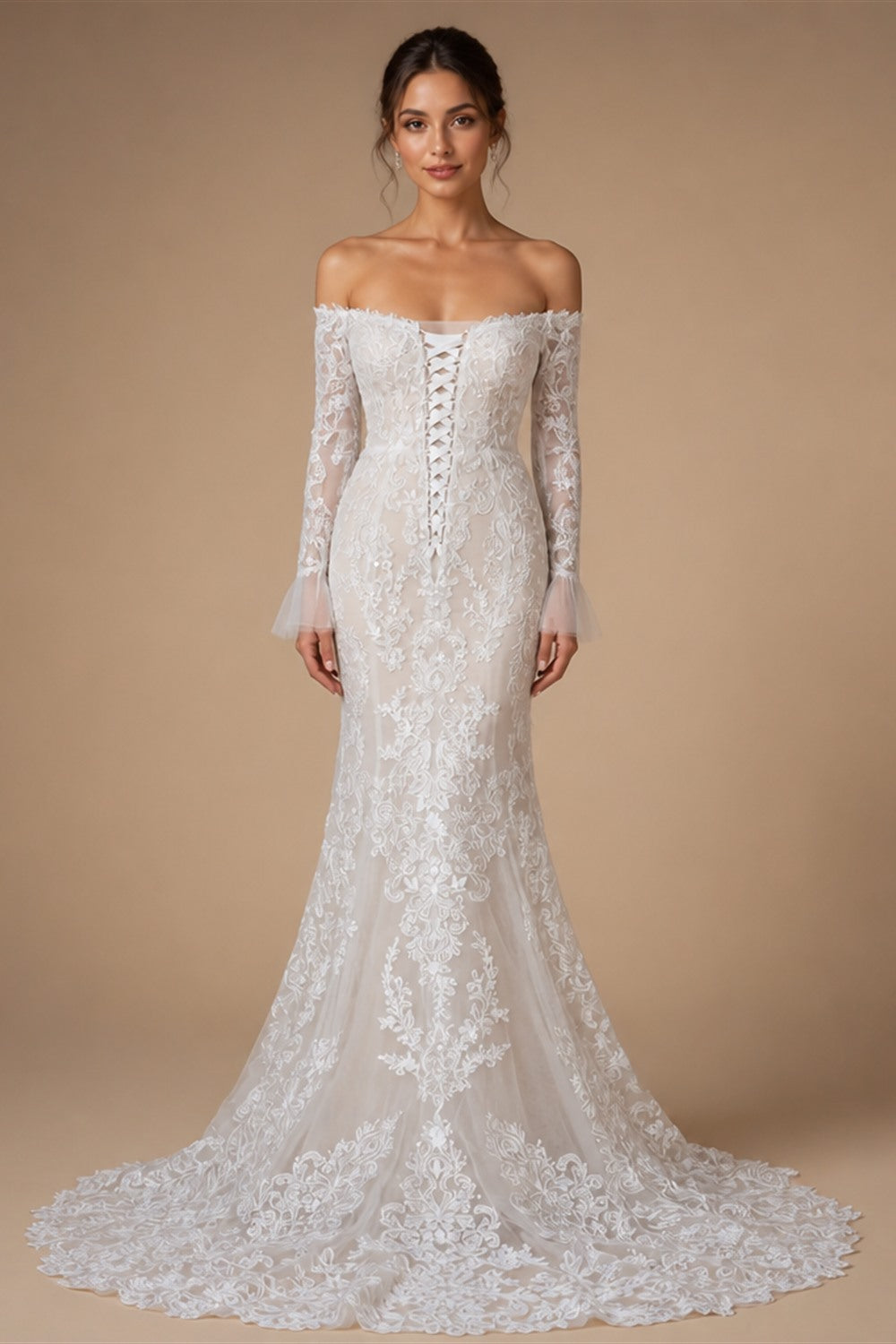 Off White  Lace Stunning Feminine Mermaid Wedding Dress Train  ZP036