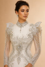 Luxury Satin Ivory Ball Gown with Silver Floral Embroidery Wedding Dress ZP165