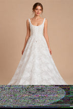 White Lace Spaghetti Strap Bridal Gown Square Neck Beaded Corset Ball Gown ZP012