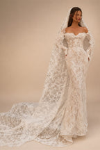 Bohemian Ivory Off-the-Shoulder Sheer Lace Mermaid Wedding Dress with Veil ZP128