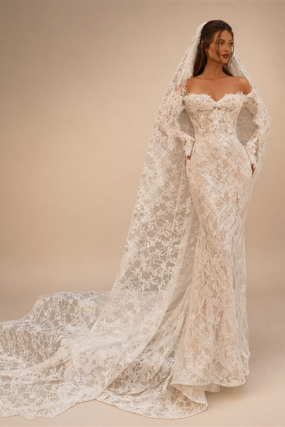 Bohemian Ivory Off-the-Shoulder Sheer Lace Mermaid Wedding Dress with Veil ZP128