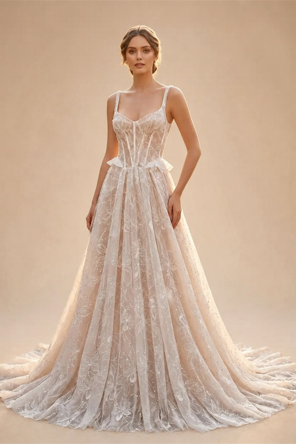 Luxury Ivory Square Neck Corset Lace Tulle A-Line Wedding Dress with Train ZP064