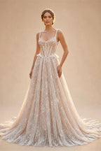 Luxury Ivory Square Neck Corset Lace Tulle A-Line Wedding Dress with Train ZP064