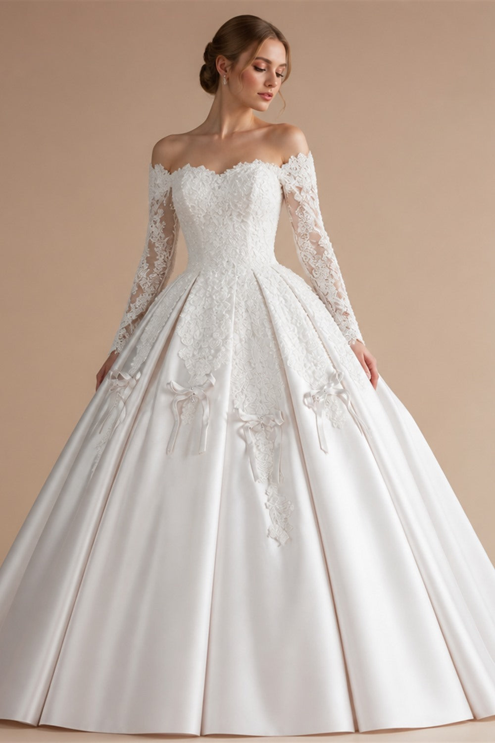 Off the Shoulder White Satin Ball Gown Flower Girl Dress with Long Cathedral Train ZP017