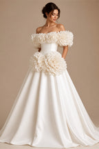 Ivory  Romantic A-Line Satin Wedding Dress 3D Rose Floral With Veil  ZP033