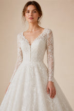 White Floral Lace Ball Gown Wedding Dress with Sweetheart Neckline and Detachable Long Sleeves ZP015