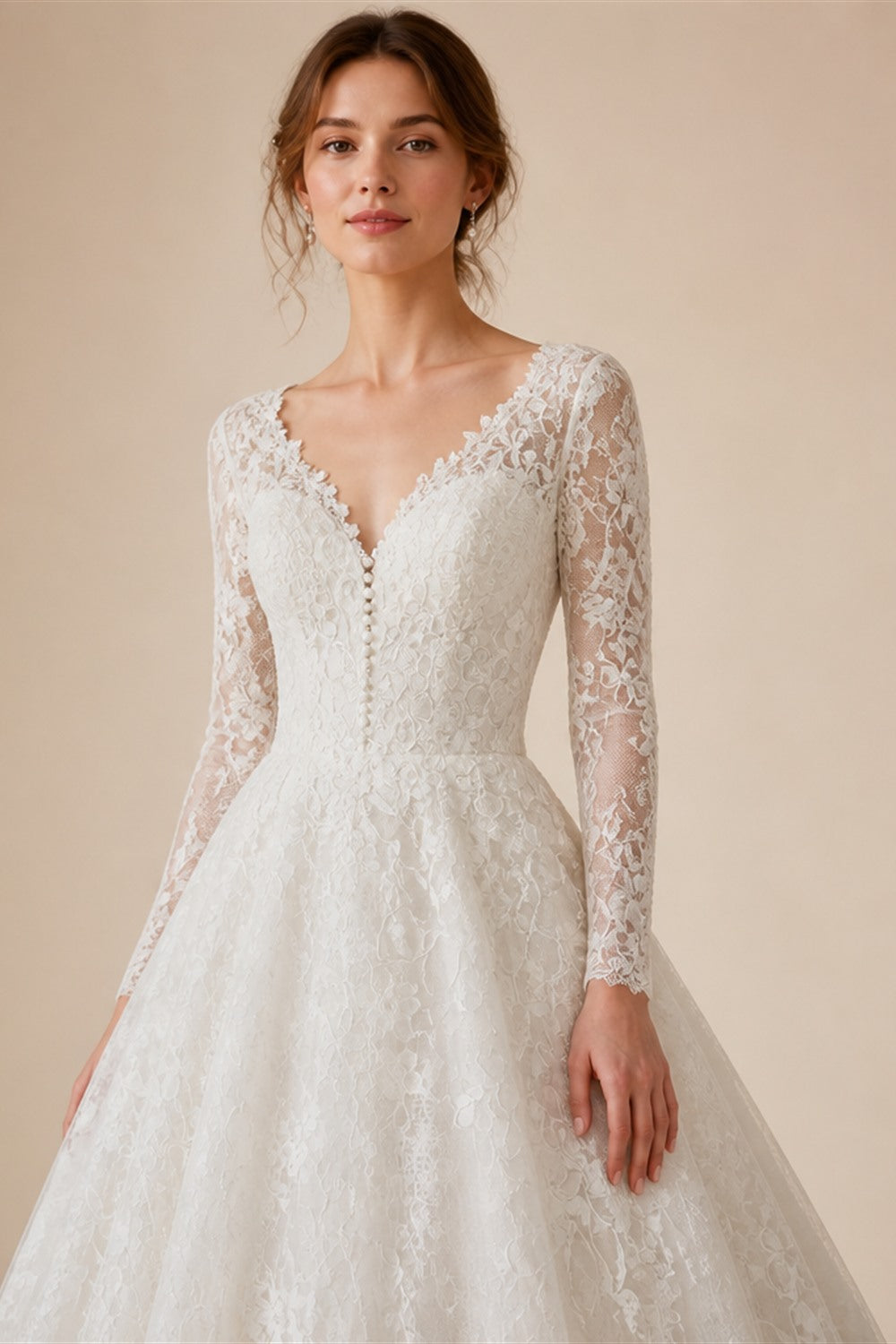White Floral Lace Ball Gown Wedding Dress with Sweetheart Neckline and Detachable Long Sleeves ZP015