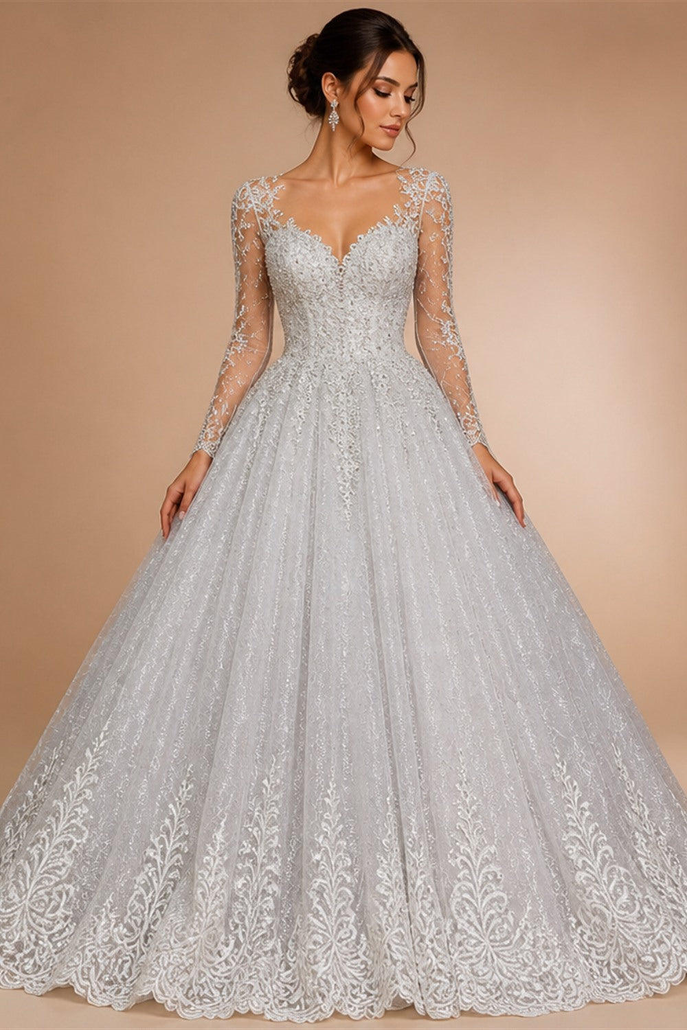 Luxury Embroidery Puff Sleeve Ball Gown Wedding Dress ZP156