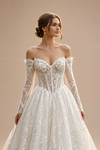 Luxury White Off-the-Shoulder Long Sleeve Lace Tulle Ball Gown Wedding Dress ZP068