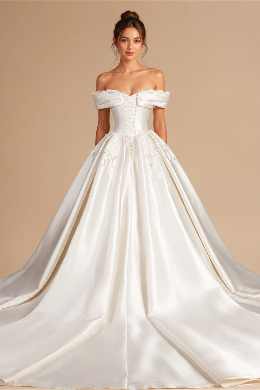Off the Shoulder White Satin Ball Gown Flower Girl Dress with Long Cathedral Train ZP017