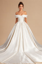 Off the Shoulder White Satin Ball Gown Flower Girl Dress with Long Cathedral Train ZP017