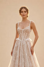 Luxury Ivory Square Neck Corset Lace Tulle A-Line Wedding Dress with Train ZP064