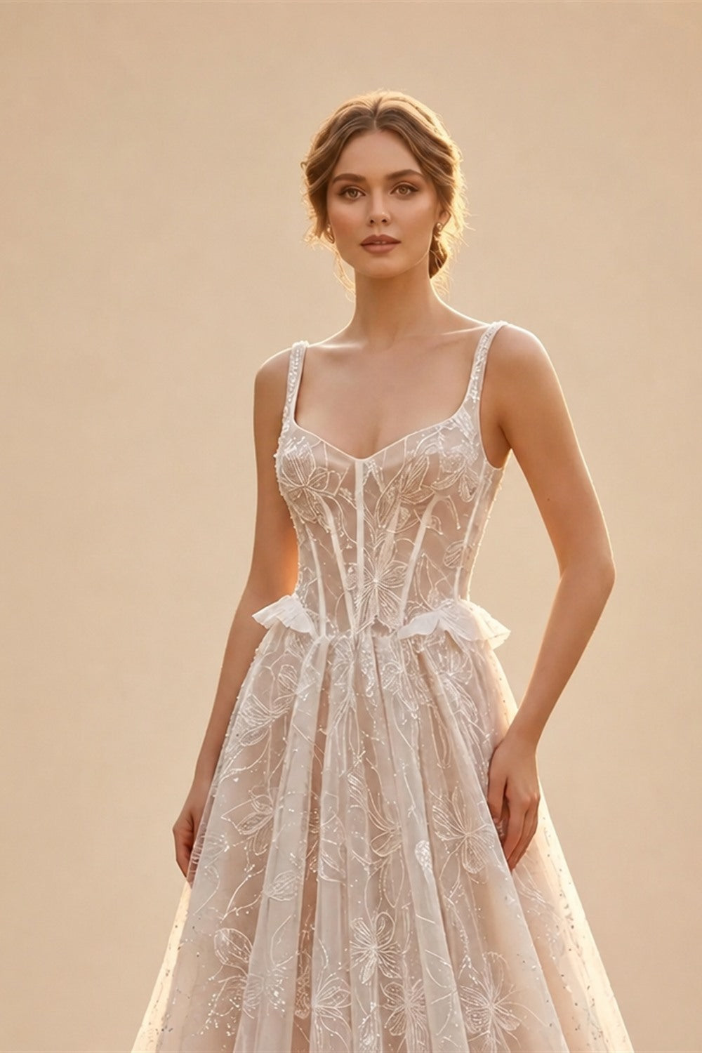 Luxury Ivory Square Neck Corset Lace Tulle A-Line Wedding Dress with Train ZP064